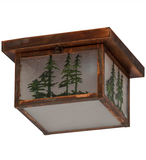 Meyda Lighting Hyde Park 15" Vintage Copper Tall Pines Flush Mount Light With Frosted Seeded Art Shade Glass