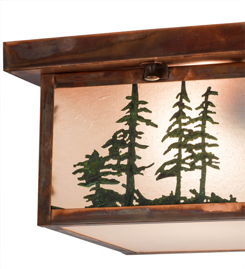Meyda Lighting Hyde Park 15" Vintage Copper Tall Pines Flush Mount Light With Frosted Seeded Art Shade Glass
