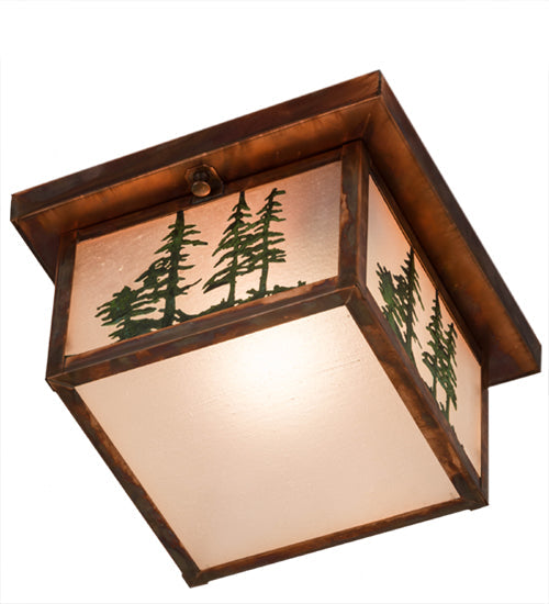 Meyda Lighting Hyde Park 15" Vintage Copper Tall Pines Flush Mount Light With Frosted Seeded Art Shade Glass