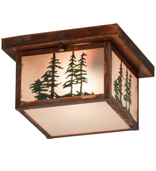Meyda Lighting Hyde Park 15" Vintage Copper Tall Pines Flush Mount Light With Frosted Seeded Art Shade Glass