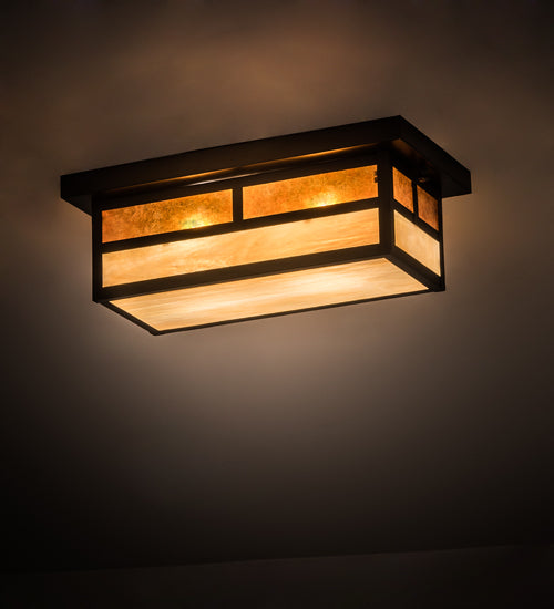 Meyda Lighting Hyde Park 16" 2-Light Craftsman Brown "T" Mission Island Flush Mount Light With Beige Iridescent & Amber Mica Shade Glass