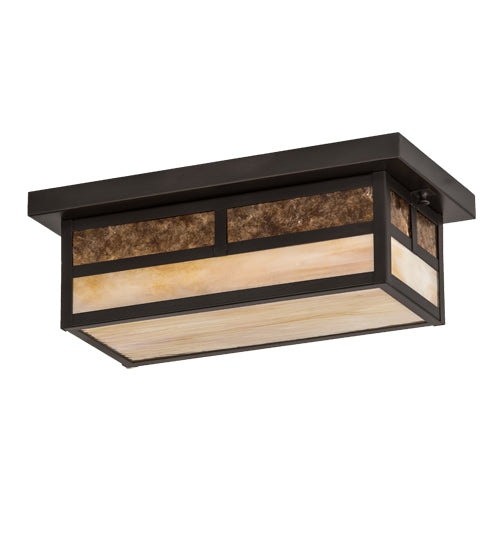 Meyda Lighting Hyde Park 16" 2-Light Craftsman Brown "T" Mission Island Flush Mount Light With Beige Iridescent & Amber Mica Shade Glass