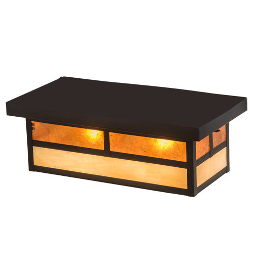 Meyda Lighting Hyde Park 16" 2-Light Craftsman Brown "T" Mission Island Flush Mount Light With Beige Iridescent & Amber Mica Shade Glass