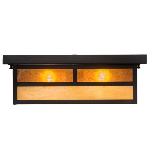 Meyda Lighting Hyde Park 16" 2-Light Craftsman Brown "T" Mission Island Flush Mount Light With Beige Iridescent & Amber Mica Shade Glass