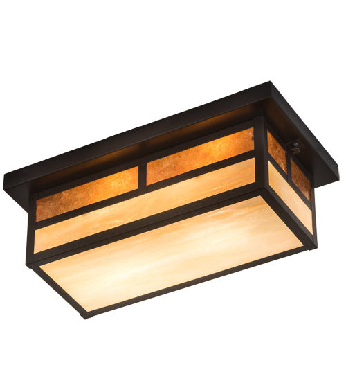 Meyda Lighting Hyde Park 16" 2-Light Craftsman Brown "T" Mission Island Flush Mount Light With Beige Iridescent & Amber Mica Shade Glass
