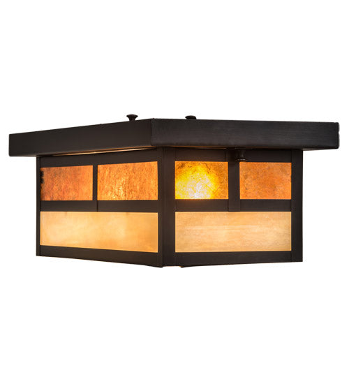 Meyda Lighting Hyde Park 16" 2-Light Craftsman Brown "T" Mission Island Flush Mount Light With Beige Iridescent & Amber Mica Shade Glass