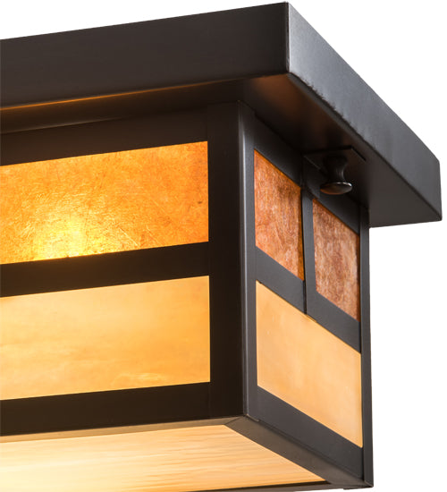 Meyda Lighting Hyde Park 16" 2-Light Craftsman Brown "T" Mission Island Flush Mount Light With Beige Iridescent & Amber Mica Shade Glass