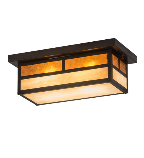 Meyda Lighting Hyde Park 16" 2-Light Craftsman Brown "T" Mission Island Flush Mount Light With Beige Iridescent & Amber Mica Shade Glass