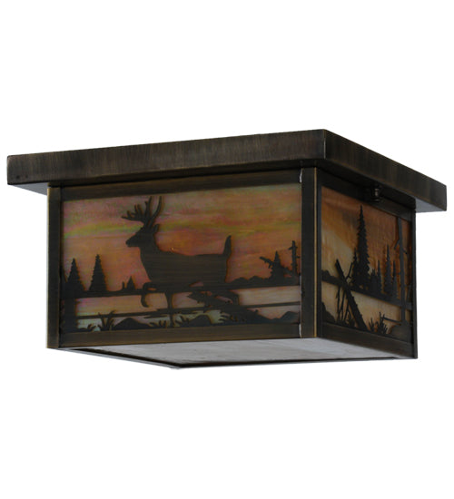 Meyda Lighting Hyde Park 17" 2-Light Antique Brass Deer Creek Flush Mount Light With Beige Iridescent Shade Glass