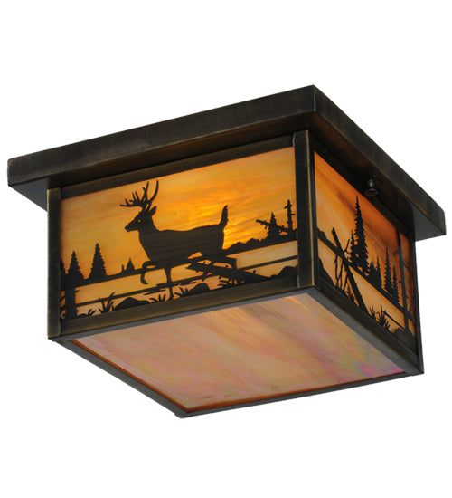 Meyda Lighting Hyde Park 17" 2-Light Antique Brass Deer Creek Flush Mount Light With Beige Iridescent Shade Glass