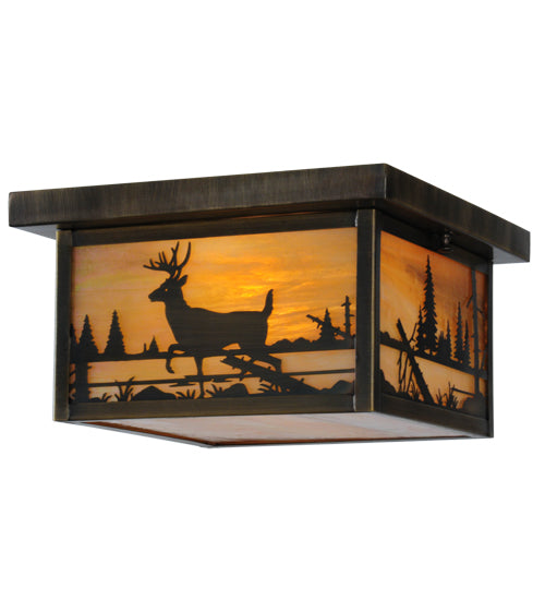 Meyda Lighting Hyde Park 17" 2-Light Antique Brass Deer Creek Flush Mount Light With Beige Iridescent Shade Glass