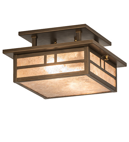 Meyda Lighting Hyde Park 17" 2-Light Antique Copper Double Bar Mission Flush Mount Light With Silver Mica Shade Glass