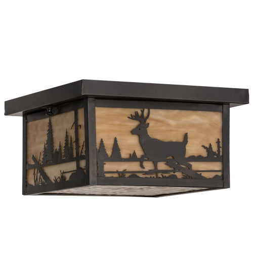 Meyda Lighting Hyde Park 17" 2-Light Craftsman Brown Deer Creek Flush Mount Light With Beige Art Shade Glasss
