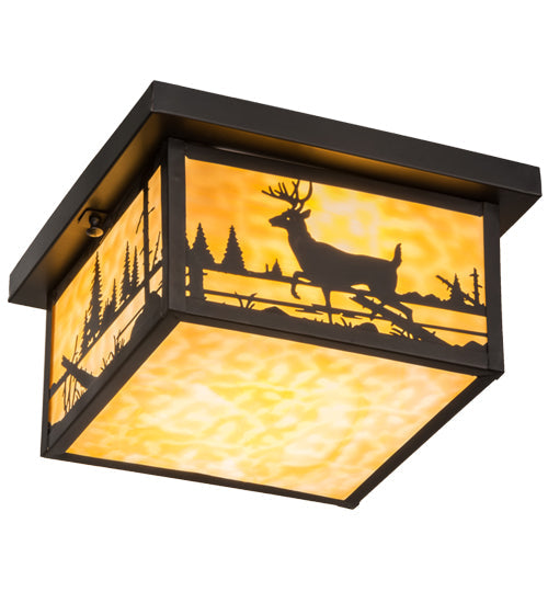 Meyda Lighting Hyde Park 17" 2-Light Craftsman Brown Deer Creek Flush Mount Light With Beige Art Shade Glasss