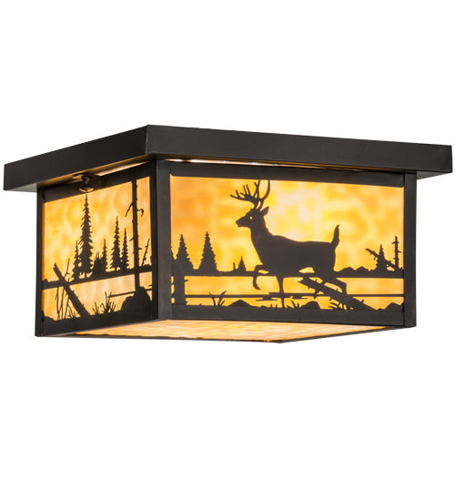Meyda Lighting Hyde Park 17" 2-Light Craftsman Brown Deer Creek Flush Mount Light With Beige Art Shade Glasss