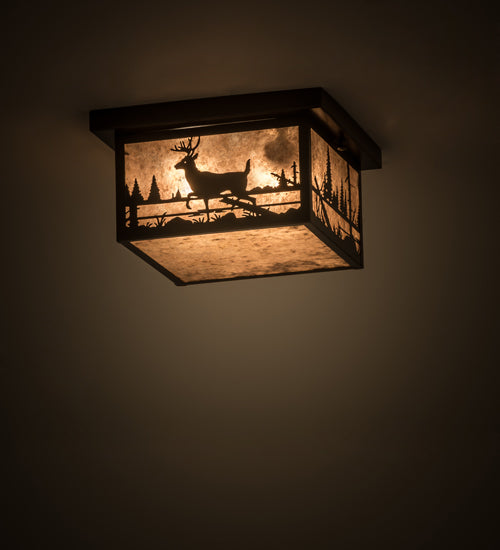 Meyda Lighting Hyde Park 17" 2-Light Craftsman Brown Deer Creek Flush Mount Light With Silver Mica Shade Glass