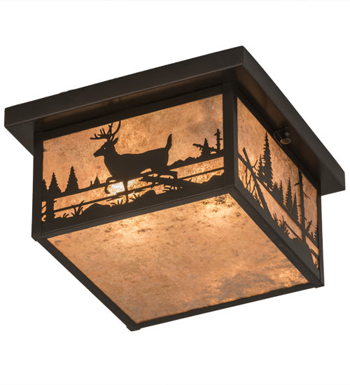 Meyda Lighting Hyde Park 17" 2-Light Craftsman Brown Deer Creek Flush Mount Light With Silver Mica Shade Glass