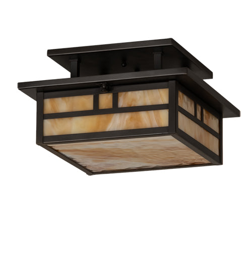 Meyda Lighting Hyde Park 17" 2-Light Craftsman Brown Double Bar Mission Flush Mount Light With Beige Art Shade Glass