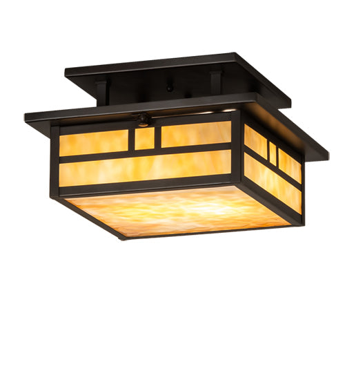 Meyda Lighting Hyde Park 17" 2-Light Craftsman Brown Double Bar Mission Flush Mount Light With Beige Art Shade Glass