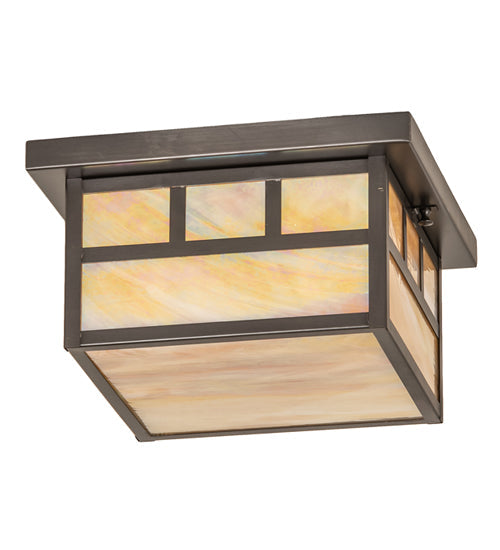 Meyda Lighting Hyde Park 17" 2-Light Craftsman Brown Double Bar Mission Flush Mount Light With Beige Iridescent Shade Glass