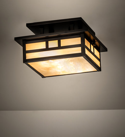 Meyda Lighting Hyde Park 17" 2-Light Craftsman Brown Double Bar Mission Flush Mount Light With Beige Iridiscent Shade Glass