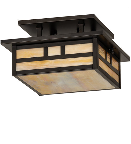 Meyda Lighting Hyde Park 17" 2-Light Craftsman Brown Double Bar Mission Flush Mount Light With Beige Iridiscent Shade Glass