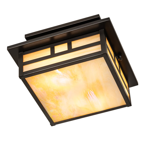 Meyda Lighting Hyde Park 17" 2-Light Craftsman Brown Double Bar Mission Flush Mount Light With Beige Iridiscent Shade Glass
