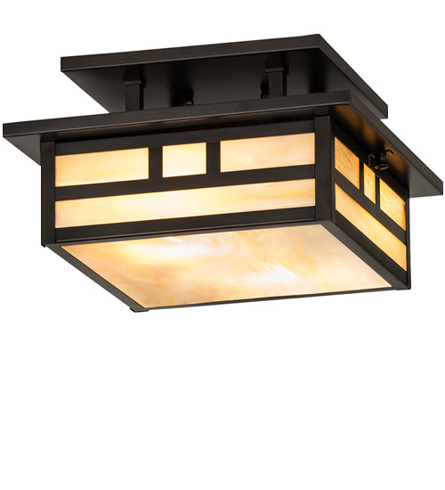 Meyda Lighting Hyde Park 17" 2-Light Craftsman Brown Double Bar Mission Flush Mount Light With Beige Iridiscent Shade Glass