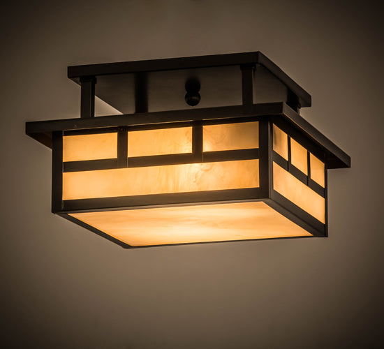 Meyda Lighting Hyde Park 17" 2-Light Craftsman Brown Double Bar Mission Flush Mount Light With Beige Sahara Taupe Idalight Shade Glass