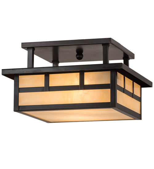 Meyda Lighting Hyde Park 17" 2-Light Craftsman Brown Double Bar Mission Flush Mount Light With Beige Sahara Taupe Idalight Shade Glass