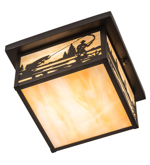 Meyda Lighting Hyde Park 17" 2-Light Craftsman Brown Fly Fisherman Flush Mount Light With Beige Iridescent Shade Glass