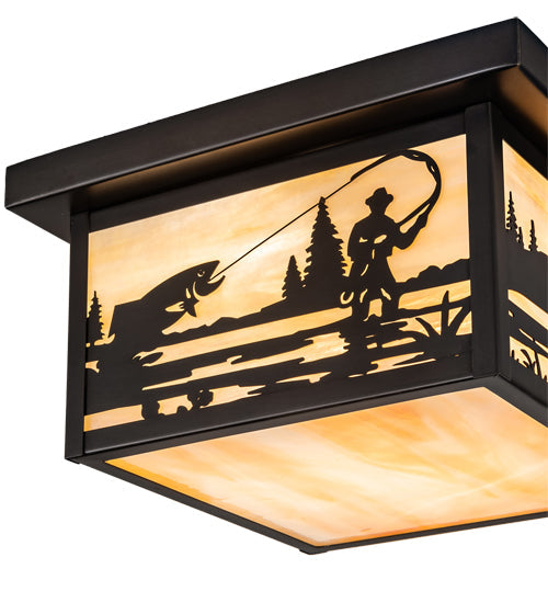 Meyda Lighting Hyde Park 17" 2-Light Craftsman Brown Fly Fisherman Flush Mount Light With Beige Iridescent Shade Glass