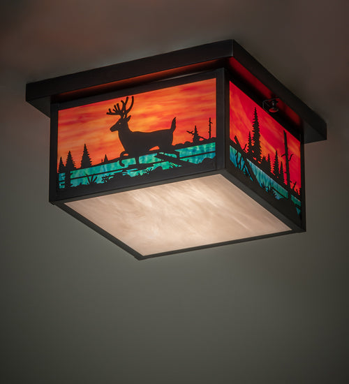 Meyda Lighting Hyde Park 17" 2-Light Craftsman Brown On Brass Deer Creek Flush Mount Light With Multi-Colored Shade Glass