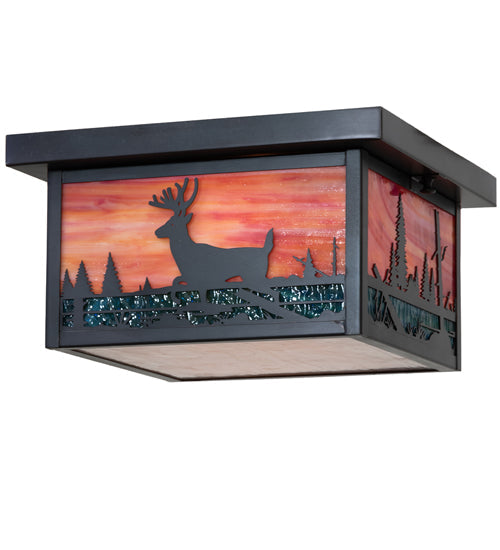 Meyda Lighting Hyde Park 17" 2-Light Craftsman Brown On Brass Deer Creek Flush Mount Light With Multi-Colored Shade Glass