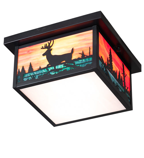 Meyda Lighting Hyde Park 17" 2-Light Craftsman Brown On Brass Deer Creek Flush Mount Light With Multi-Colored Shade Glass