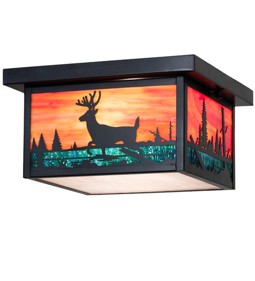 Meyda Lighting Hyde Park 17" 2-Light Craftsman Brown On Brass Deer Creek Flush Mount Light With Multi-Colored Shade Glass