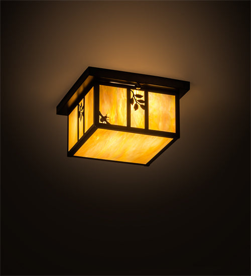 Meyda Lighting Hyde Park 17" 2-Light Craftsman Brown Sprig Flush Mount Light With Beige Iridescent Shade Glass