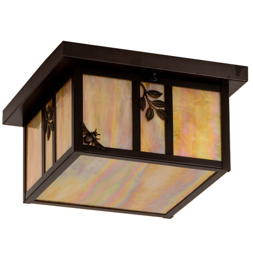 Meyda Lighting Hyde Park 17" 2-Light Craftsman Brown Sprig Flush Mount Light With Beige Iridescent Shade Glass