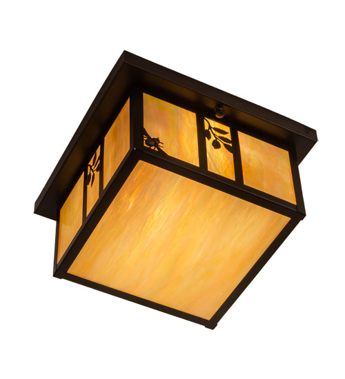 Meyda Lighting Hyde Park 17" 2-Light Craftsman Brown Sprig Flush Mount Light With Beige Iridescent Shade Glass
