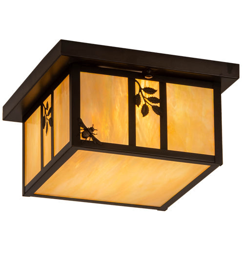 Meyda Lighting Hyde Park 17" 2-Light Craftsman Brown Sprig Flush Mount Light With Beige Iridescent Shade Glass