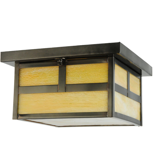 Meyda Lighting Hyde Park 17" 2-Light Craftsman Brown T Mission Flush Mount Light With Beige Art Shade Glass