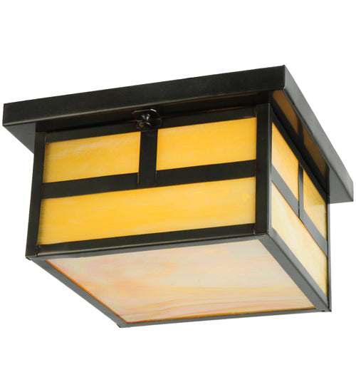 Meyda Lighting Hyde Park 17" 2-Light Craftsman Brown T Mission Flush Mount Light With Beige Art Shade Glass