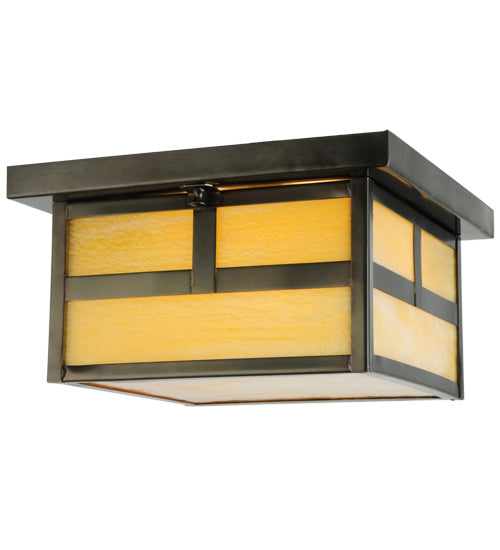 Meyda Lighting Hyde Park 17" 2-Light Craftsman Brown T Mission Flush Mount Light With Beige Art Shade Glass