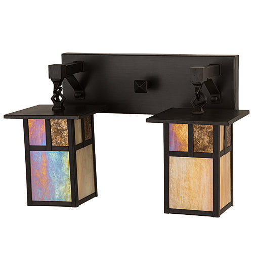 Meyda Lighting Hyde Park 17" 2-Light Craftsman Brown "T" Mission Vanity Light With Beige Iridescent And Amber Mica Shade Glass