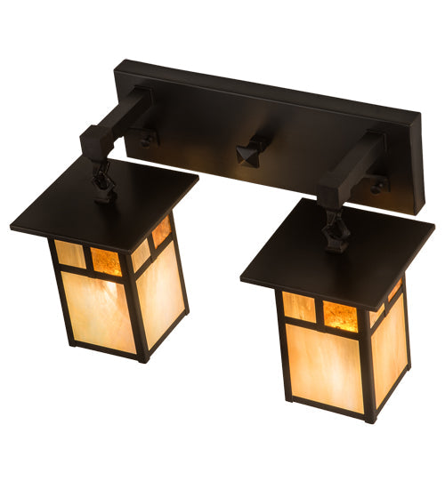 Meyda Lighting Hyde Park 17" 2-Light Craftsman Brown "T" Mission Vanity Light With Beige Iridescent And Amber Mica Shade Glass