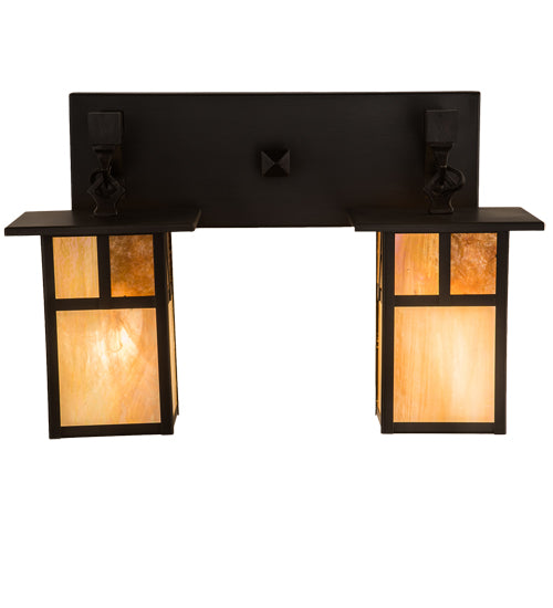 Meyda Lighting Hyde Park 17" 2-Light Craftsman Brown "T" Mission Vanity Light With Beige Iridescent And Amber Mica Shade Glass