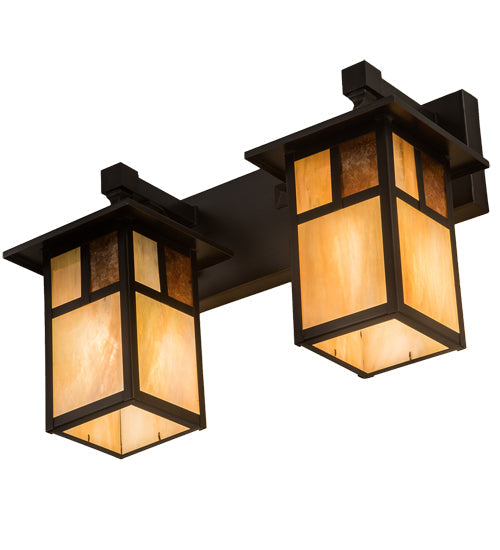 Meyda Lighting Hyde Park 17" 2-Light Craftsman Brown "T" Mission Vanity Light With Beige Iridescent And Amber Mica Shade Glass