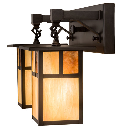 Meyda Lighting Hyde Park 17" 2-Light Craftsman Brown "T" Mission Vanity Light With Beige Iridescent And Amber Mica Shade Glass