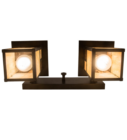 Meyda Lighting Hyde Park 17" 2-Light Craftsman Brown "T" Mission Vanity Light With Beige Iridescent And Amber Mica Shade Glass