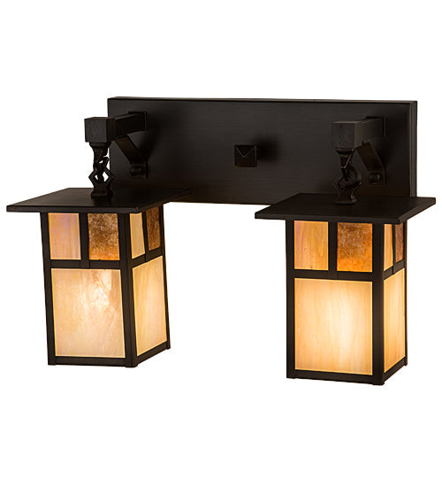 Meyda Lighting Hyde Park 17" 2-Light Craftsman Brown "T" Mission Vanity Light With Beige Iridescent And Amber Mica Shade Glass